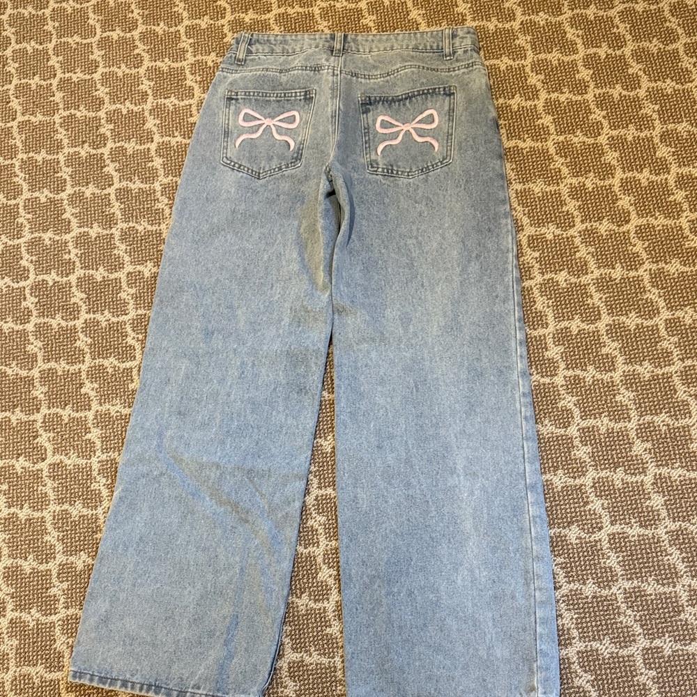 Edikted Blue Wide Leg Jeans with Pink Accents